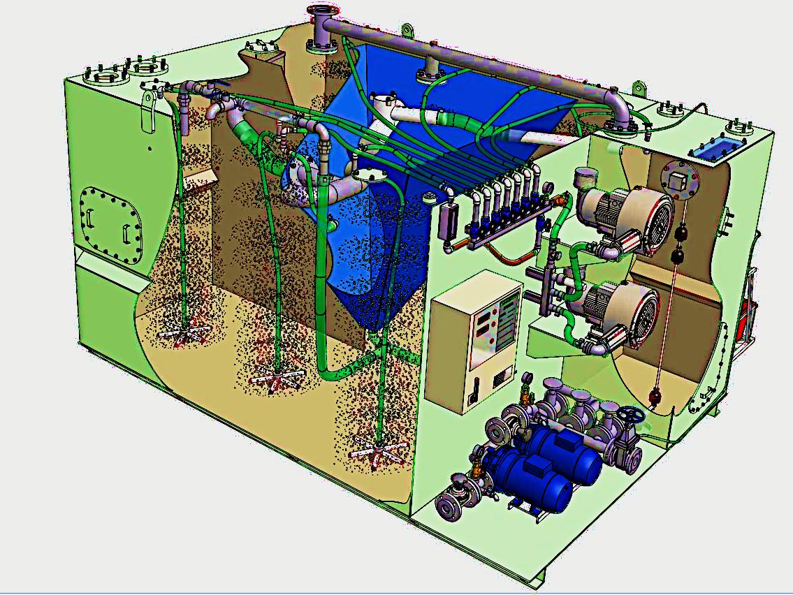 3D model of a containerized water treatment plant with pumps, filters and pipework