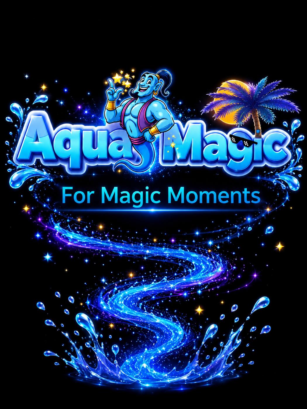 Aqua Magic logo above a glowing, sparkling stream of water