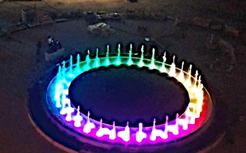 Ring of rainbow LED fountain nozzles