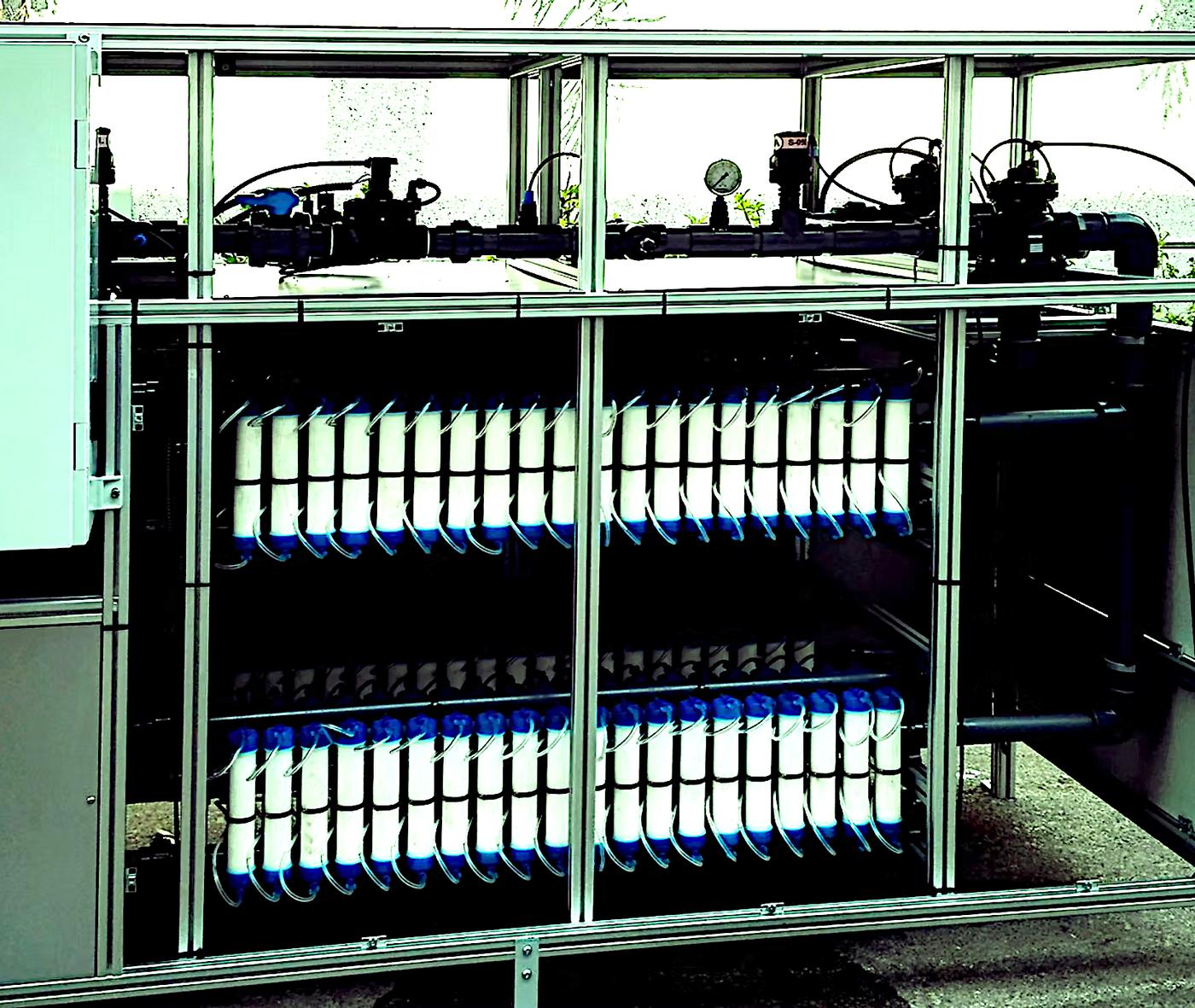 Rack of filtration membranes in a plant room