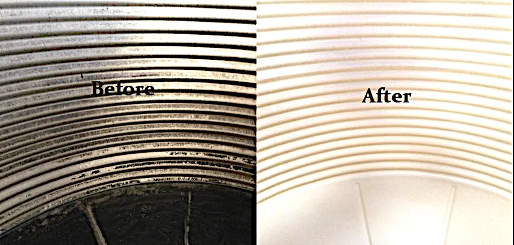 The same water tank before cleaning, with stained walls, and after, with clean white walls